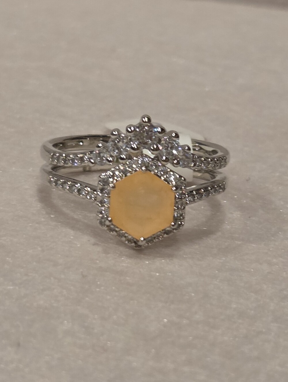 Hexagon Lab Created Peach Morganite Fused w/Genuine Quartz Rhodium Plating band